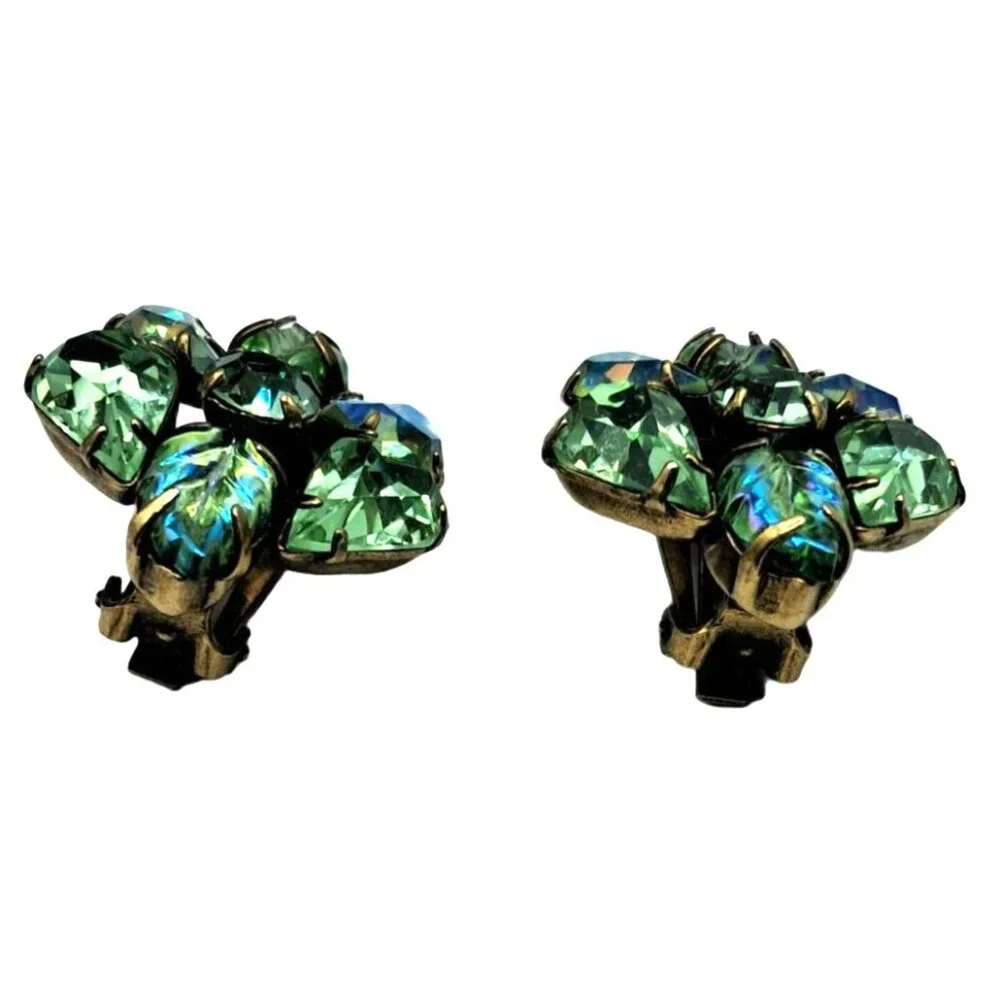 Regency Green Rhinestone Earrings Molded Glass Leaves UG UV Glow Vintage Costume